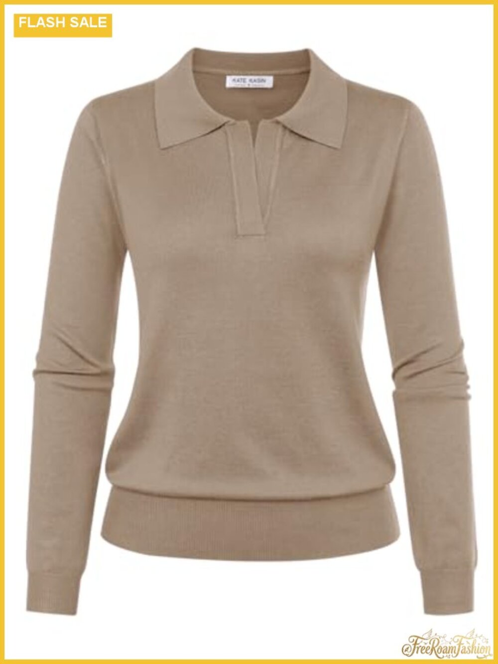 Womens Long Sleeve V Neck Ribbed Knit Polo Sweater Casual Pullover